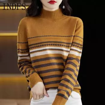 INDFS Женская мода повседневная осень-зима полосатый принт длинный рукав полуводолазка свитера M