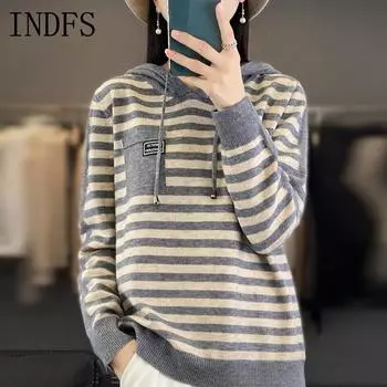 INDFS Женская мода повседневная осень-зима полосатый принт длинный рукав с капюшоном свитера M