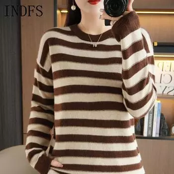 INDFS Женская мода повседневная осень-зима полосатый принт длинный рукав O-образный вырез свитера S темно-коричневого