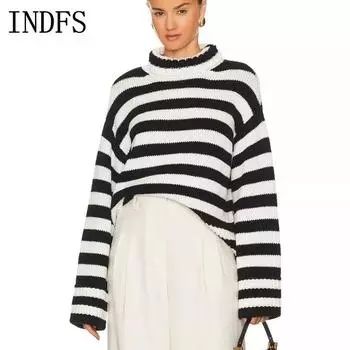INDFS Женская мода повседневная осень-зима полосатый принт длинный рукав высокий ворот свитера S чёрный