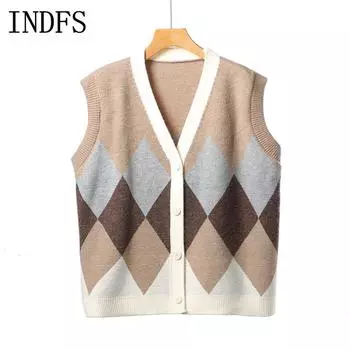 INDFS Женская мода повседневная осень-зима ромбовидный принт без рукавов V-образный вырез свитера S жёлтый