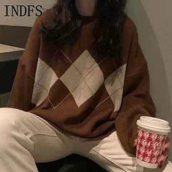 INDFS Женская мода повседневная осень-зима ромбовидный узор с длинным рукавом и круглым вырезом свитера Size: One Size чёрный