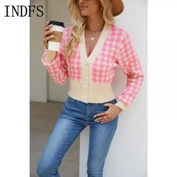 INDFS Женская мода повседневная осень-зима с принтом «гусиная лапка» с длинным рукавом и V-образным вырезом S розовый