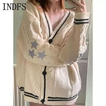 INDFS Женская мода повседневная осень-зима со звездным принтом, длинный рукав, V-образный вырез, свитера S белый