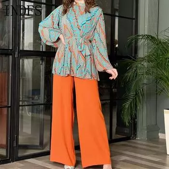 INDFS Женская мода Повседневная Весна Осень Цветные Блоки Принт Длинные Рукава О-Образный Вырез Блузки и Рубашки Брюки Костюмы M