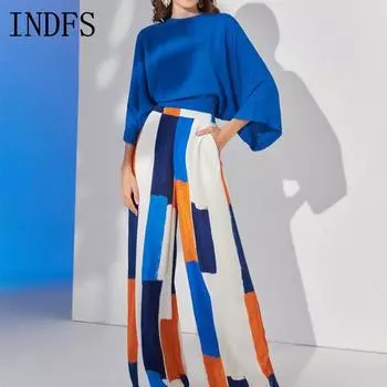 INDFS Женская мода Повседневная Весна Осень Цветные Блоки Принт Длинные Рукава О-Образный Вырез Блузки и Рубашки Брюки Костюмы S