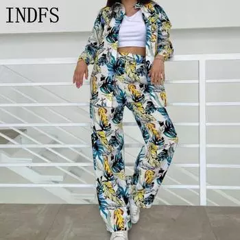 INDFS Женская мода Повседневная Весна Осень Цветочный узор Принт Длинный рукав Поло Воротник Блузки и рубашки Брюки Костюмы S