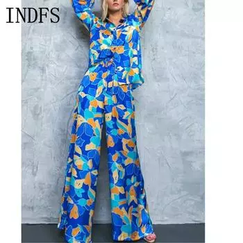 INDFS Женская мода Повседневная Весна Осень Цветочный узор Принт Длинный рукав Поло Воротник Блузки и рубашки Брюки Костюмы S