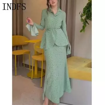 INDFS Женская мода Повседневная Весна Осень Цветочный узор Принт Длинный рукав Поло Воротник Блузки и рубашки Брюки Костюмы S