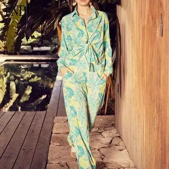 INDFS Женская мода Повседневная Весна Осень Цветочный узор Принт Длинный рукав Поло Воротник Блузки и рубашки Брюки Костюмы S