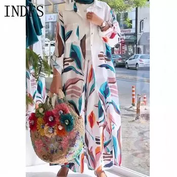 INDFS Женская мода Повседневная Весна Осень Цветочный узор Принт Длинный рукав Поло Воротник Блузки и рубашки Брюки Костюмы S