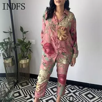 INDFS Женская мода Повседневная Весна Осень Цветочный узор Принт Длинный рукав Поло Воротник Блузки и рубашки Брюки Костюмы S