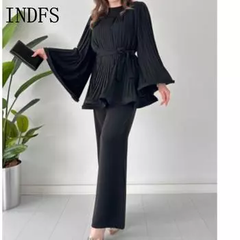 INDFS Женская мода Повседневная Весна Осень Однотонные принты Длинные рукава О-образный вырез Блузки и рубашки Брюки Брючные костюмы S