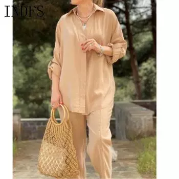 INDFS Женская мода Повседневная Весна Осень Однотонный Принт Длинный Рукав Воротник ПОЛО Блузки и Рубашки Брюки Костюмы S
