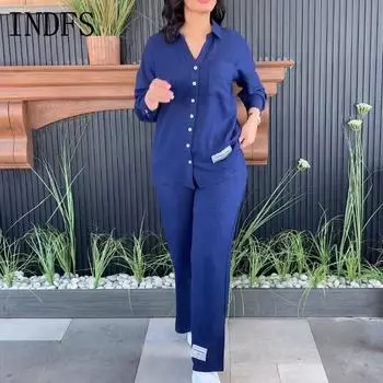 INDFS Женская мода Повседневная Весна Осень Однотонный Принт Длинный Рукав Воротник ПОЛО Блузки и Рубашки Брюки Костюмы S