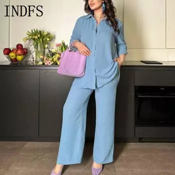 INDFS Женская мода Повседневная Весна Осень Однотонный Принт Длинный Рукав Воротник ПОЛО Блузки и Рубашки Брюки Костюмы M