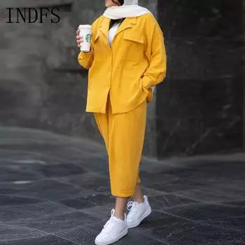 INDFS Женская мода Повседневная Весна Осень Однотонный Принт Длинный Рукав Воротник ПОЛО Блузки и Рубашки Брюки Костюмы M