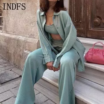 INDFS Женская мода Повседневная Весна Осень Однотонный Принт Длинный Рукав Воротник ПОЛО Блузки и Рубашки Брюки Костюмы M