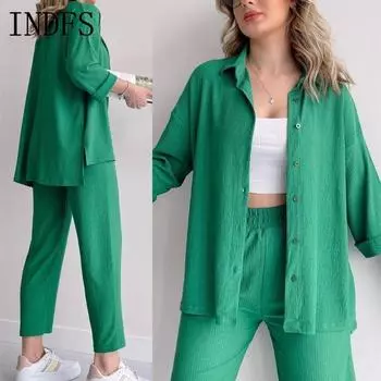INDFS Женская мода Повседневная Весна Осень Однотонный Принт Длинный Рукав Воротник ПОЛО Блузки и Рубашки Брюки Костюмы M