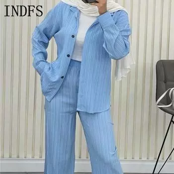 INDFS Женская мода Повседневная Весна Осень Однотонный Принт Длинный Рукав Воротник ПОЛО Блузки и Рубашки Брюки Костюмы M