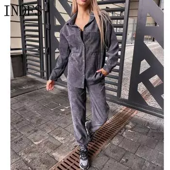 INDFS Женская мода Повседневная Весна Осень Однотонный Принт Длинный Рукав Воротник ПОЛО Блузки и Рубашки Брюки Костюмы S небесно-голубой