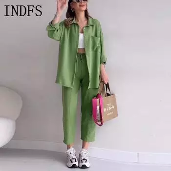 INDFS Женская мода Повседневная Весна Осень Однотонный Принт Длинный Рукав Воротник ПОЛО Блузки и Рубашки Брюки Костюмы M