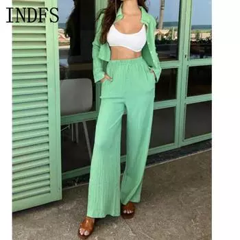 INDFS Женская мода Повседневная Весна Осень Однотонный Принт Длинный Рукав Воротник ПОЛО Блузки и Рубашки Брюки Костюмы S