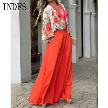 INDFS Женская мода повседневная весна осень цветочный узор принт длинные рукава V-образный вырез блузки и рубашки брюки брюки костюмы S