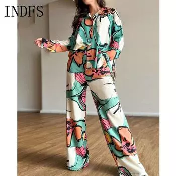 INDFS Женская мода повседневная весна осень длинный рукав поло воротник блузки и рубашки брюки костюмы S