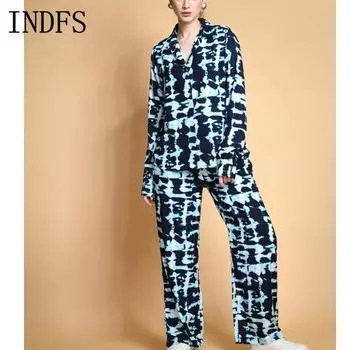 INDFS Женская мода повседневная весна осень длинный рукав поло воротник блузки и рубашки брюки костюмы S