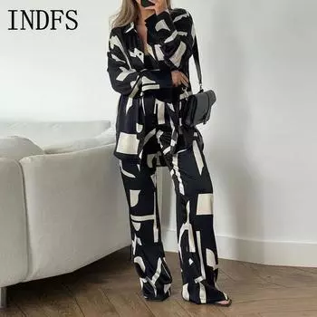INDFS Женская мода повседневная весна осень длинный рукав поло воротник блузки и рубашки брюки костюмы M