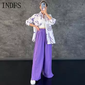 INDFS Женская мода повседневная весна осень длинный рукав поло воротник блузки и рубашки брюки костюмы M