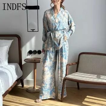 INDFS Женская мода повседневная весна осень длинный рукав поло воротник блузки и рубашки брюки костюмы M