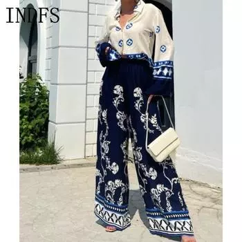 INDFS Женская мода повседневная весна осень длинный рукав поло воротник блузки и рубашки брюки костюмы M