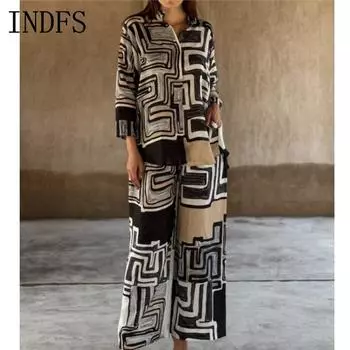 INDFS Женская мода повседневная весна осень длинный рукав поло воротник блузки и рубашки брюки костюмы S