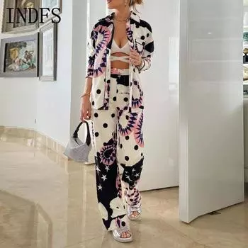 INDFS Женская мода повседневная весна осень длинный рукав поло воротник блузки и рубашки брюки костюмы S