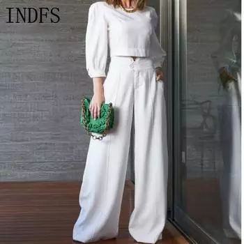 INDFS Женская мода Повседневная Весна Осень Однотонные принты Длинные рукава О-образный вырез Блузки и рубашки Брюки Брючные костюмы S белый