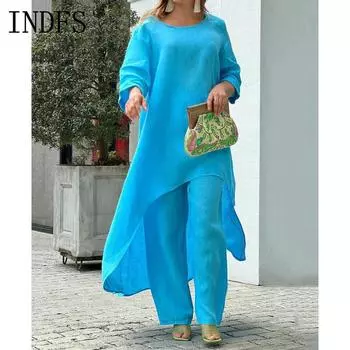 INDFS Женская мода повседневная весна осень однотонные принты длинные рукава косой воротник блузки и рубашки брюки брючные костюмы S синий