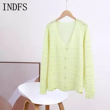 INDFS Женская мода повседневная весна осень однотонный принт длинный рукав V-образный вырез свитера M слоновая кость