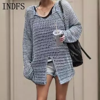 INDFS Женская мода Повседневный Лето Весна Однотонный Принт Длинный Рукав V-образный Вырез Свитера S