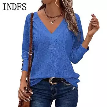 INDFS Женская мода Повседневный однотонный принт Весна Осень Длинные рукава V-образный вырез Пуловеры и длинные рукава S чёрный