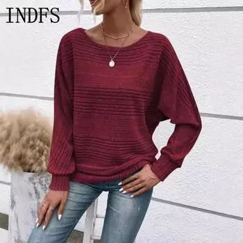 INDFS Женская мода Повседневный однотонный принт Весна Осень Длинные рукава О-образный вырез Пуловеры и длинные рукава S хаки