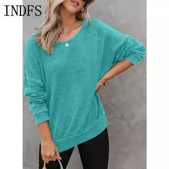 INDFS Женская мода Повседневный однотонный принт Весна Осень Длинные рукава О-образный вырез Пуловеры и длинные рукава S серый