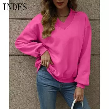 INDFS Женская мода Повседневный однотонный принт Весна Осень Длинные рукава V-образный вырез Пуловеры и длинные рукава S розы красного