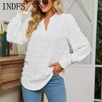 INDFS Женская мода Повседневный однотонный принт Весна Осень Длинные рукава V-образный вырез Пуловеры и длинные рукава S белый