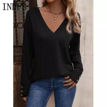 INDFS Женская мода Повседневный однотонный принт Весна Осень Длинные рукава V-образный вырез Пуловеры и длинные рукава S чёрный