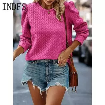 INDFS Женская мода Повседневный однотонный принт Весна Осень Длинные рукава О-образный вырез Пуловеры и длинные рукава S розы красного