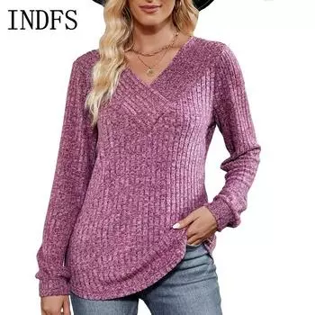 INDFS Женская мода Повседневный однотонный принт Весна Осень Длинные рукава V-образный вырез Пуловеры и длинные рукава S фуксия