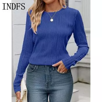INDFS Женская мода Повседневный однотонный принт Весна Осень Длинные рукава О-образный вырез Пуловеры и длинные рукава S абрикосовый