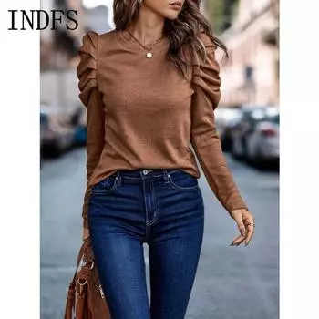 INDFS Женская мода Повседневный однотонный принт Весна Осень Длинные рукава О-образный вырез Пуловеры и длинные рукава S коричневый